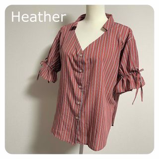 ヘザー(heather)の【美品】Heather ヘザー テラコッタ レンガ色 ストライプシャツ 袖リボン(シャツ/ブラウス(半袖/袖なし))