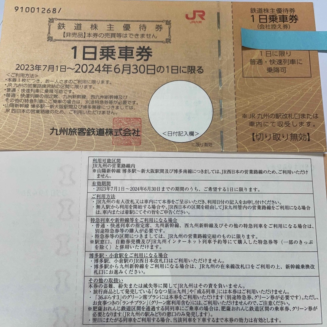 JR九州　1日乗車券　株主優待　2枚 チケットの乗車券/交通券(その他)の商品写真