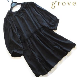 グローブ(grove)の新品grove/グローブ リボン2wayギャザーチュニックブラウス/BK(シャツ/ブラウス(半袖/袖なし))