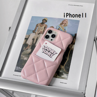 iPhone11 キルティング ピンク ケース ポケット カード PUレザー(iPhoneケース)