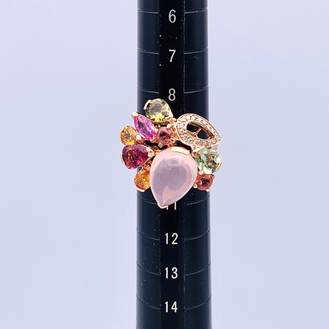 極美品 750 18金 5.05ct ローズクォーツ マルチ石 ダイヤ リングの通販