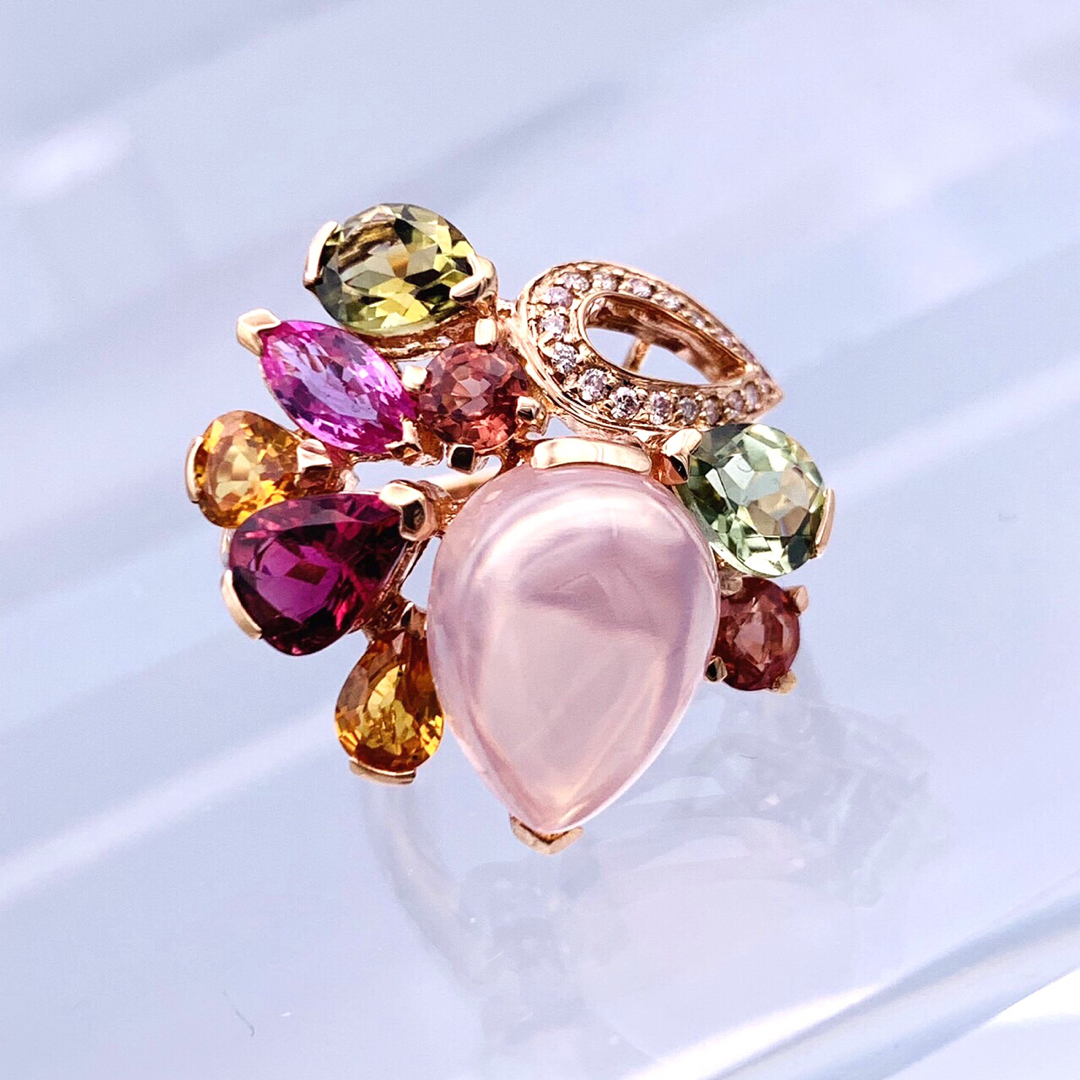 極美品 750 18金 5.05ct ローズクォーツ マルチ石 ダイヤ リングの通販