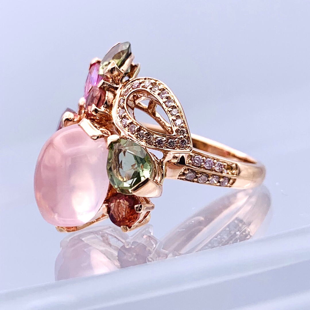 極美品 750 18金 5.05ct ローズクォーツ マルチ石 ダイヤ リング