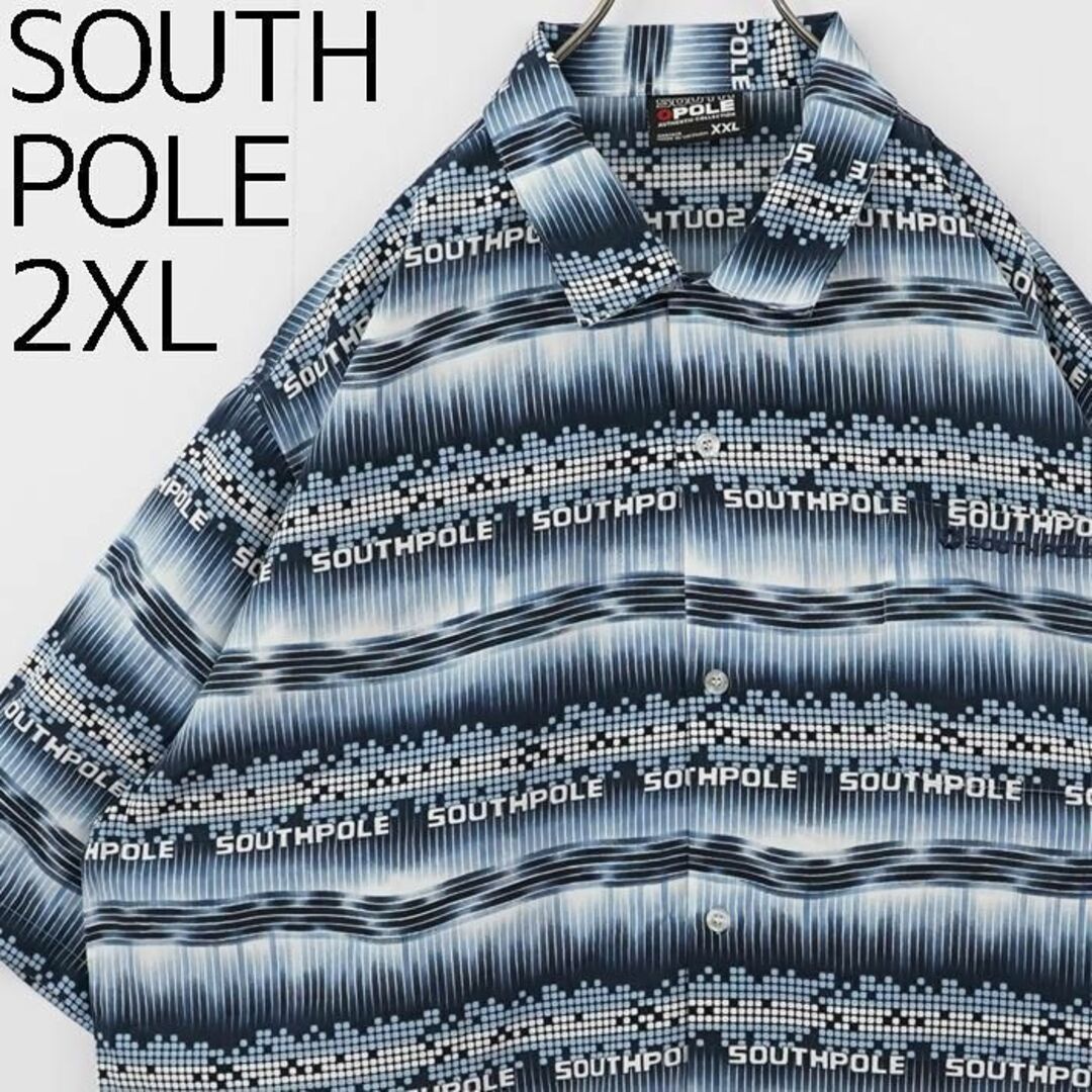未使用級 サウスポール ポケット 開襟 半袖シャツ ヒップホップ 2XL 青