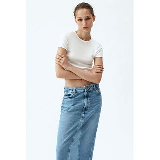 ザラ◇新品未使用タグ付き◇ZARA コントラスト デニム ミディスカート L