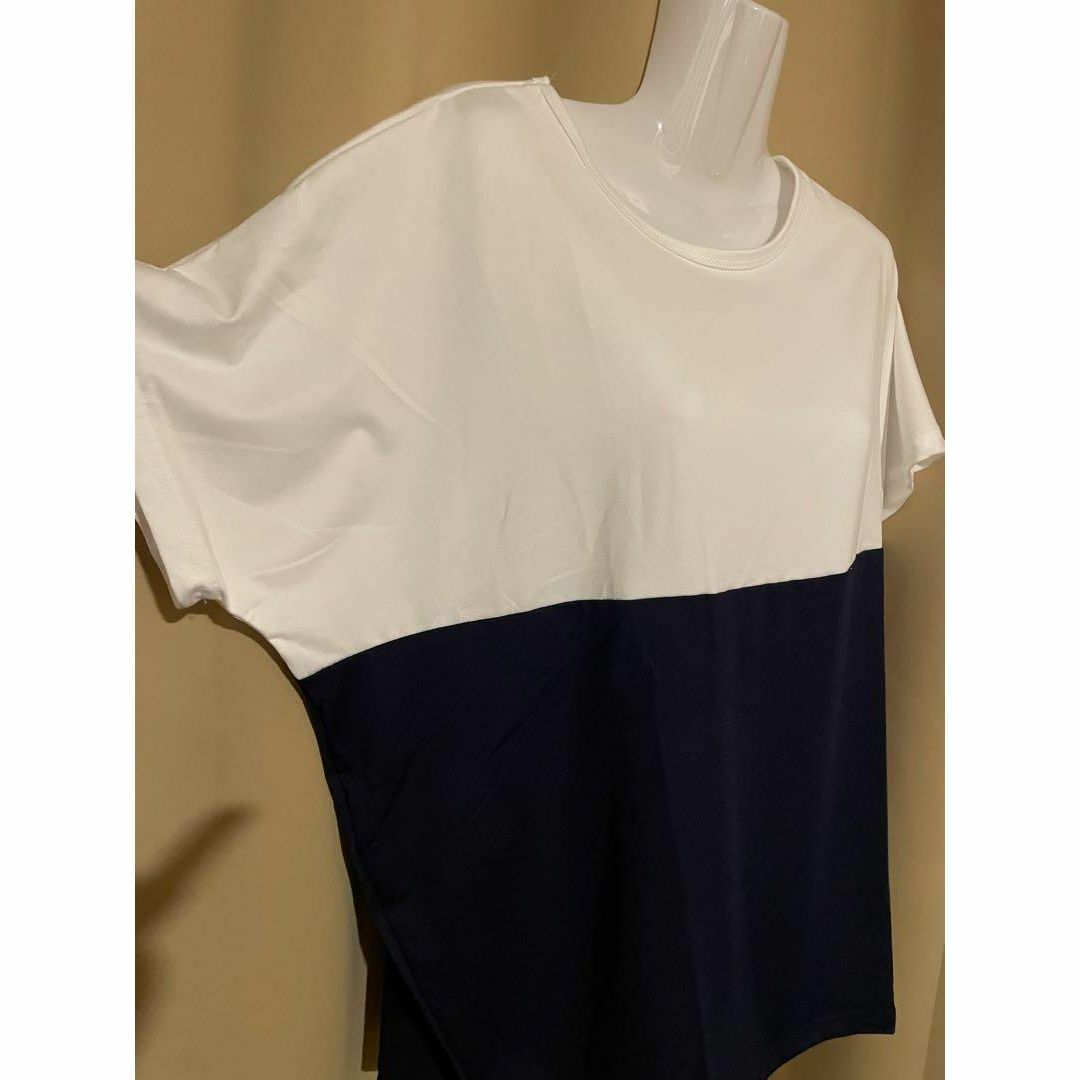 4L 体型カバー ゆったりドルマンＴシャツ　バイカラー　ドルマンカットソー レディースのトップス(Tシャツ(半袖/袖なし))の商品写真
