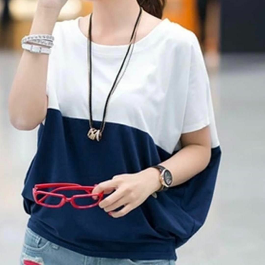 4L 体型カバー ゆったりドルマンＴシャツ　バイカラー　ドルマンカットソー レディースのトップス(Tシャツ(半袖/袖なし))の商品写真