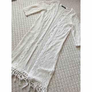 レース　ロングカーデガン  美品　生成り(カーディガン)