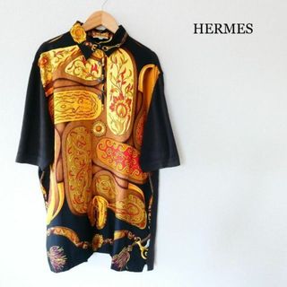 良品 HERMES スカーフ柄 シルク カシミヤ混 長袖 シャツ ブラウス