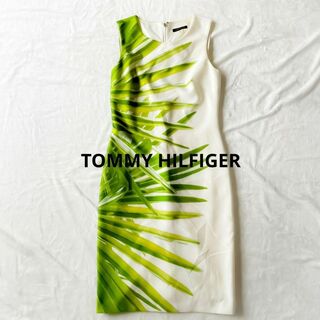トミーヒルフィガー(TOMMY HILFIGER)のトミーヒルフィガー✾ノースリーブワンピース XS相当 パームリーフ柄笹柄 上品✨(ひざ丈ワンピース)