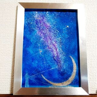 癒やしのヒーリング絵画＊天の川星屑銀河龍　灯台　七夕　夜空 月　流星　夏の大三角(アート/写真)