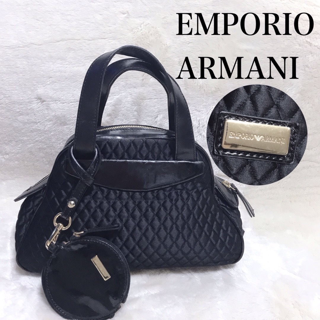 EMPORIO ARMANI キルティング ハンドバッグ エナメル サテン 黒