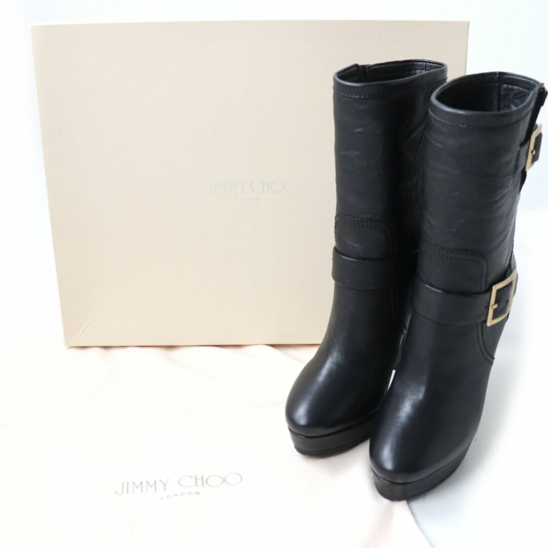 未使用品☆JIMMY CHOO ジミーチュウ 247DYLAN BIKER LEATHER バイカー レザー ブーツ ブラック 38 レディース イタリア製 箱・保存袋付