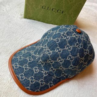 1201 グッチ GUCCI GG キャップ レザー ブルー ユニセックス M