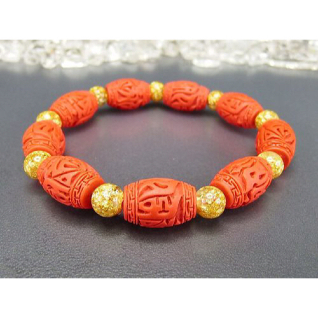 オシャレ厄除け練りシナバー六字真言11mm砂金ビーズブレスレット石街4 レディースのアクセサリー(ブレスレット/バングル)の商品写真