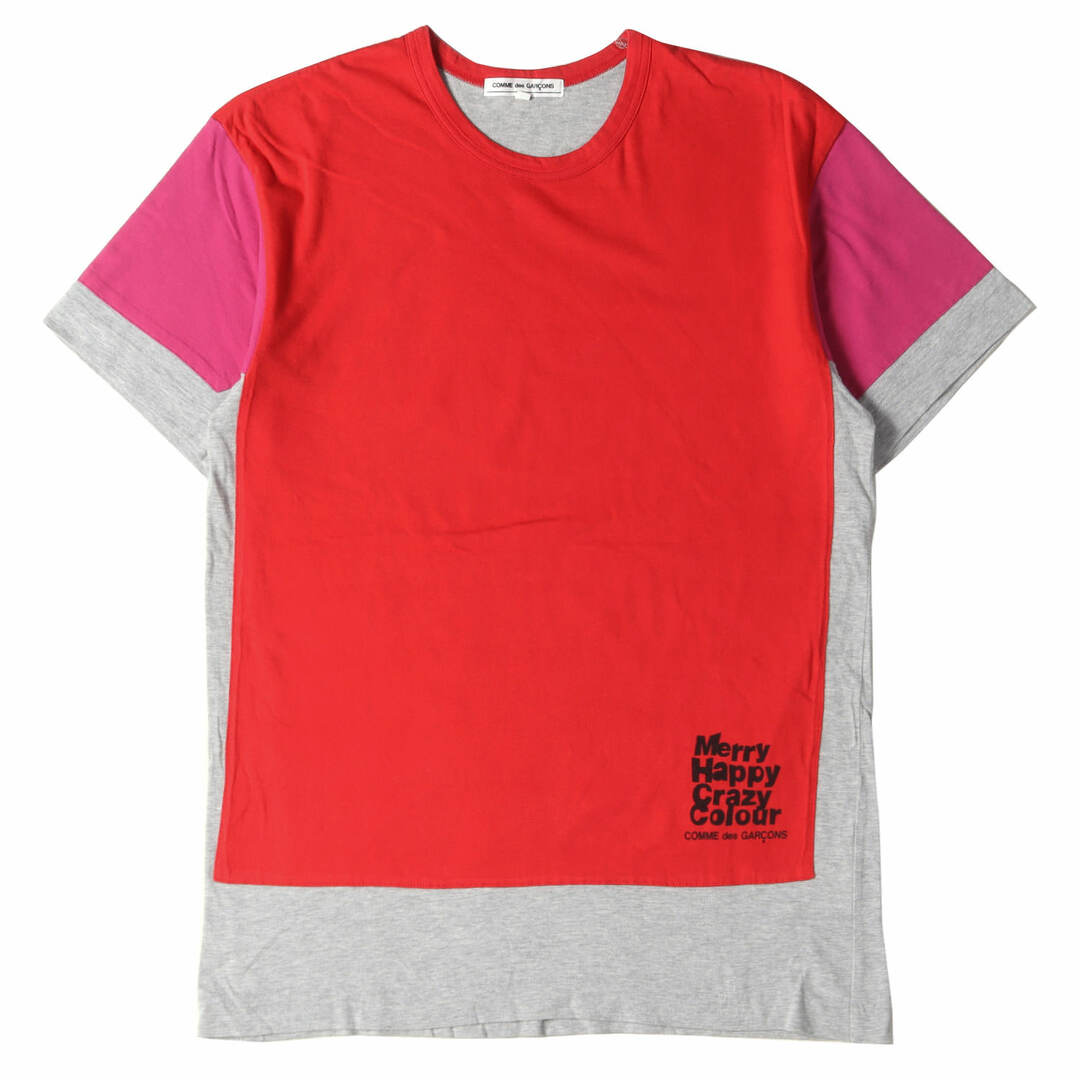 COMME des GARCONS コムデギャルソン Tシャツ サイズ:L Merry Happy Crazy Colour パネル 切替 OF-T017 10AW クリスマス キャンペーン 限定 メリー ハッピー クレイジー カラー レッド グレー ピンク 日本製 トップス カットソー 半袖 【メンズ】