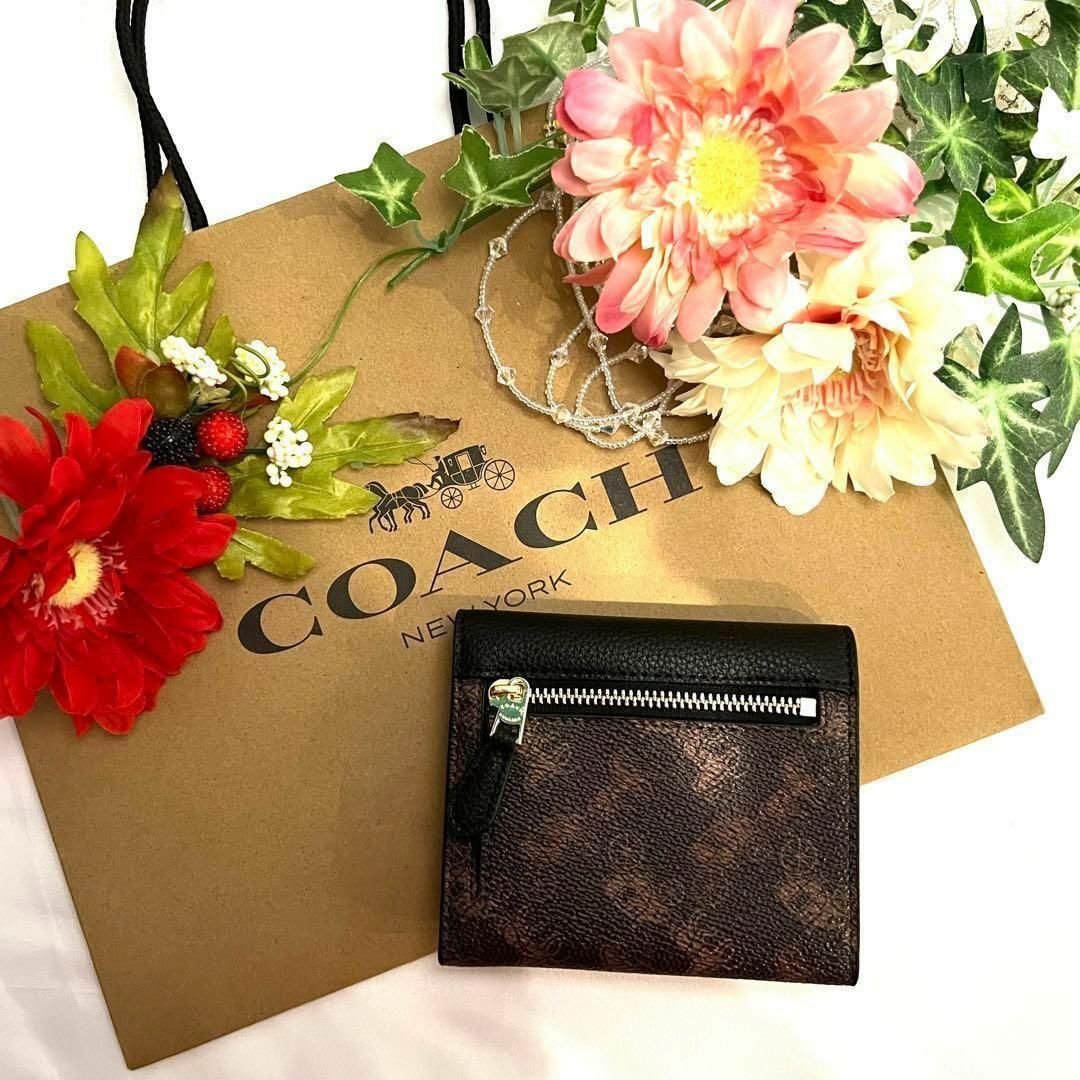 売り出し最激安 COACH コーチ 二つ折り財布 ダークブラウン ブラック