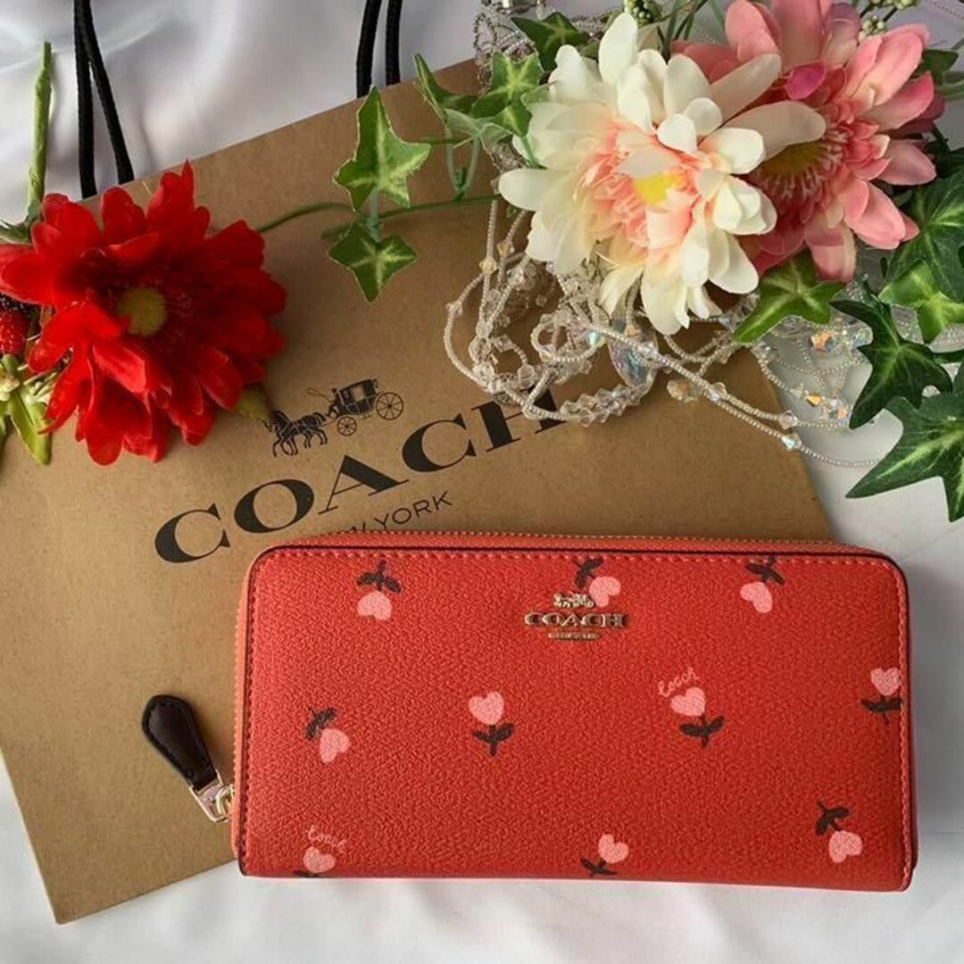 COACH コーチ 長財布 レッド フラワー プリント ハート-