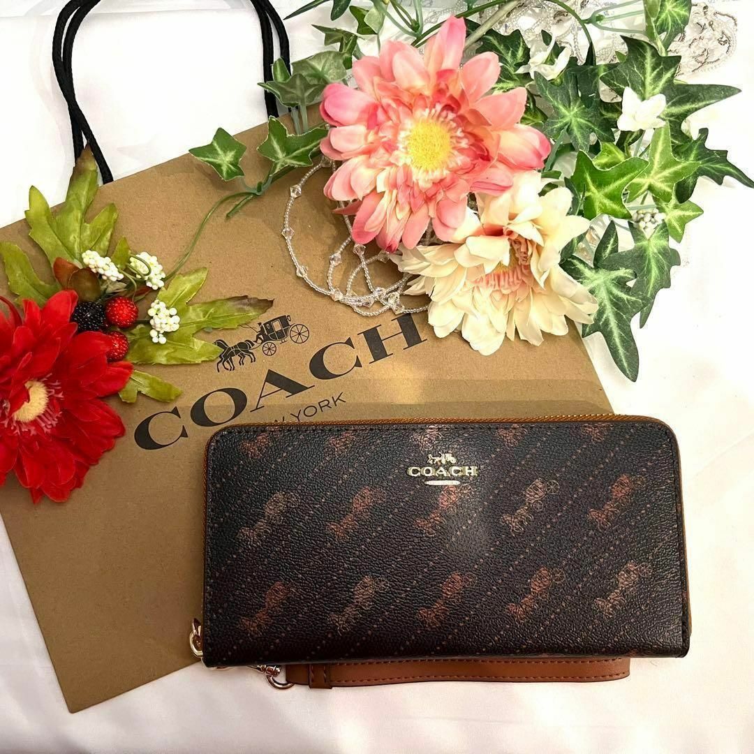 COACH コーチ 長財布 馬車柄 ブラック ストラップ - 財布