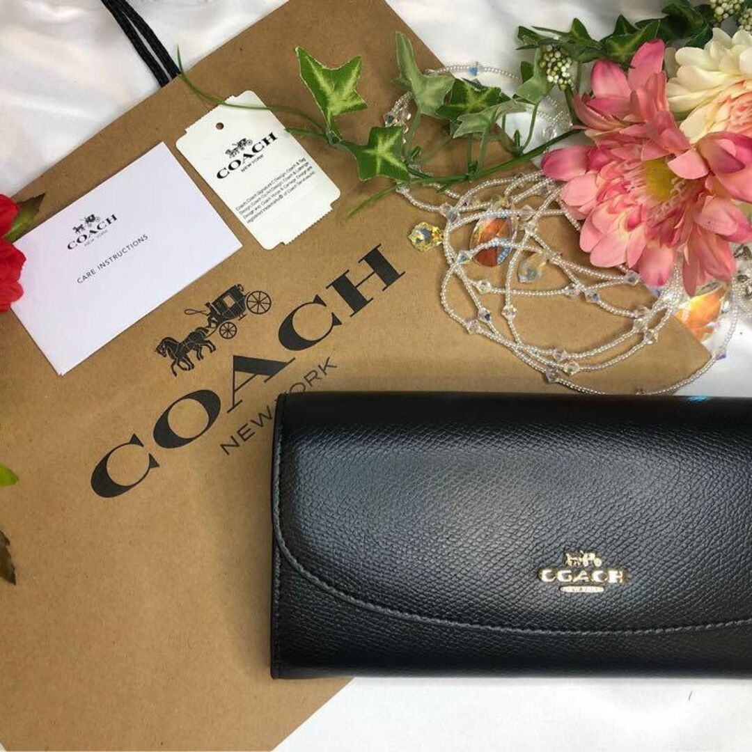 COACH コーチ 長財布   ブラック フラップ開閉　★ポーチ付き★