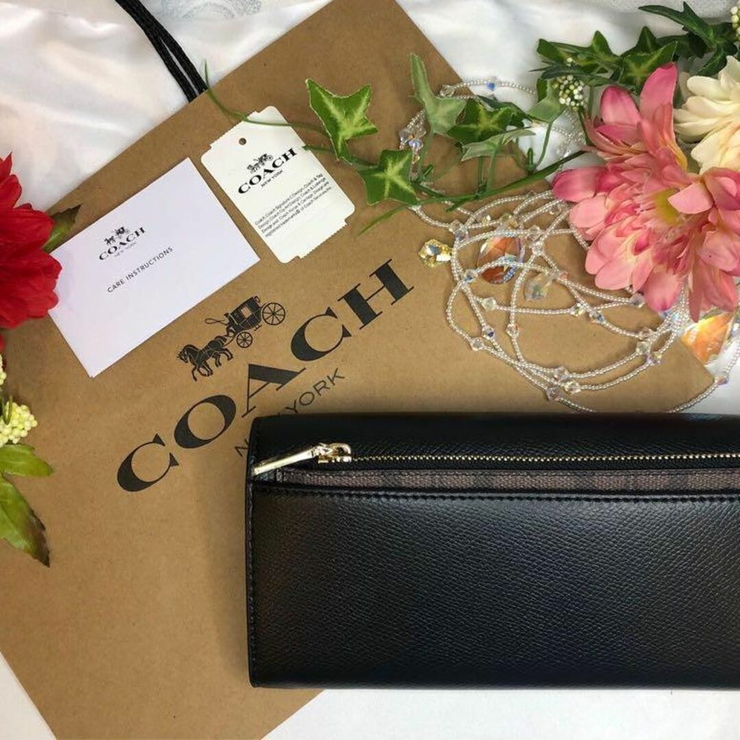 COACH コーチ フラップ ラグジュアリークロスグレーン ブラック - 財布