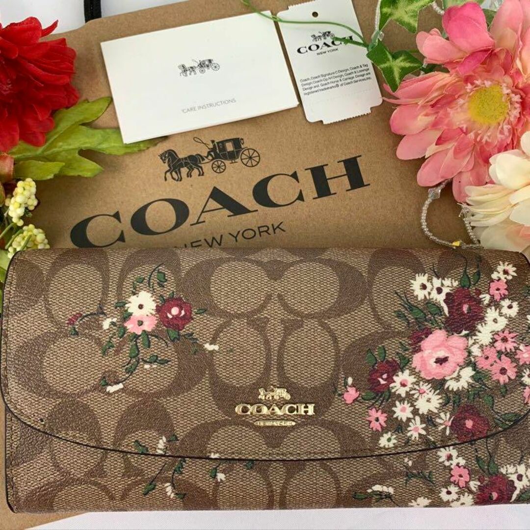 COACH コーチ ︎✿花柄 ブラウン ピンク シグネチャー フラップ開閉-