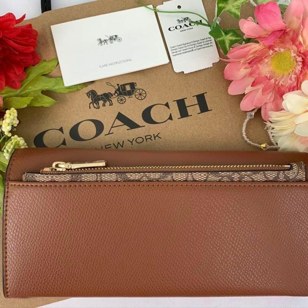 最初の COACH コーチ フラップ ラグジュアリークロスグレーン キャメル