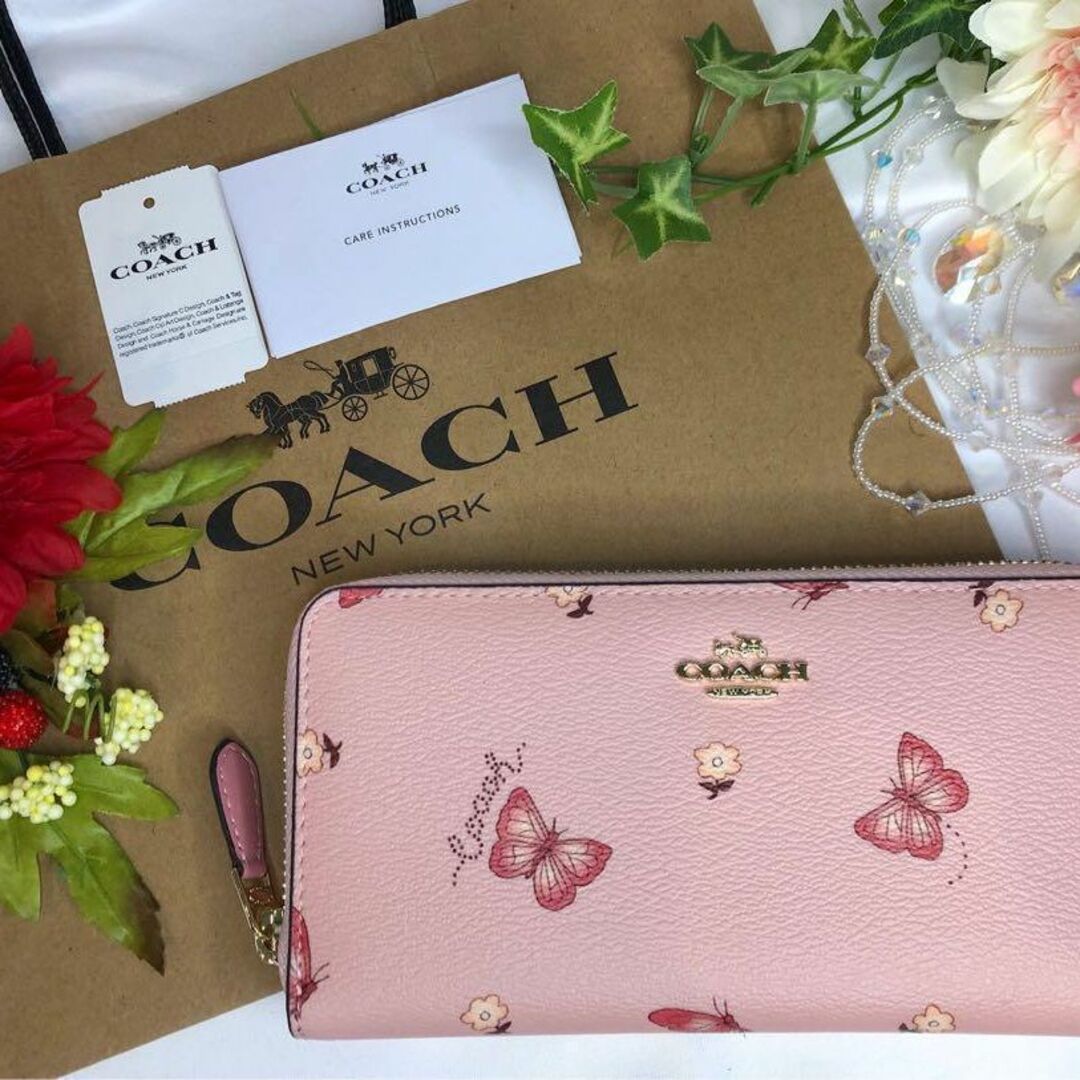 COACH コーチ 長財布 ピンク レザー バタフライ - 財布