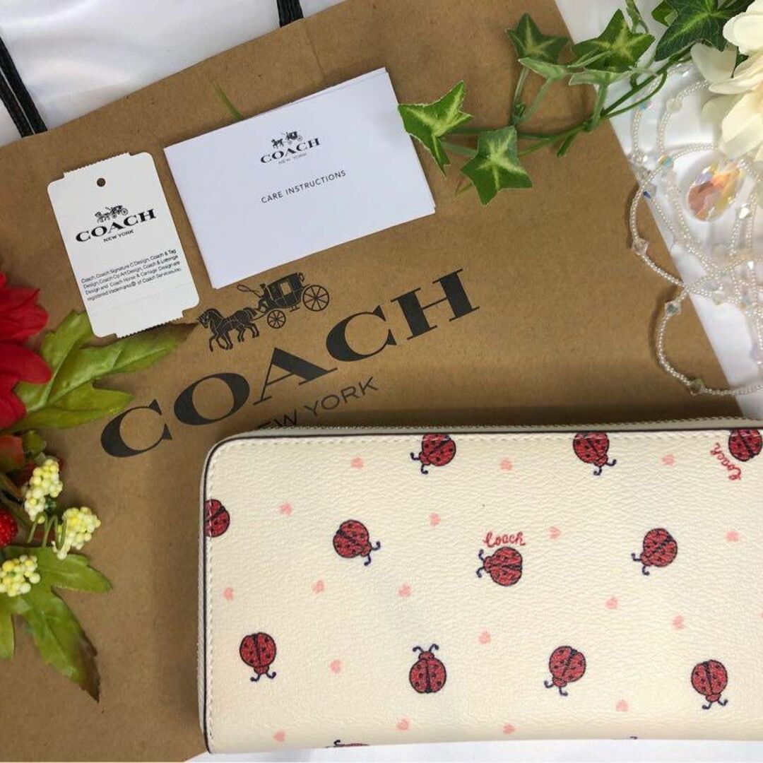 COACH コーチ 長財布  ホワイト× てんとう虫