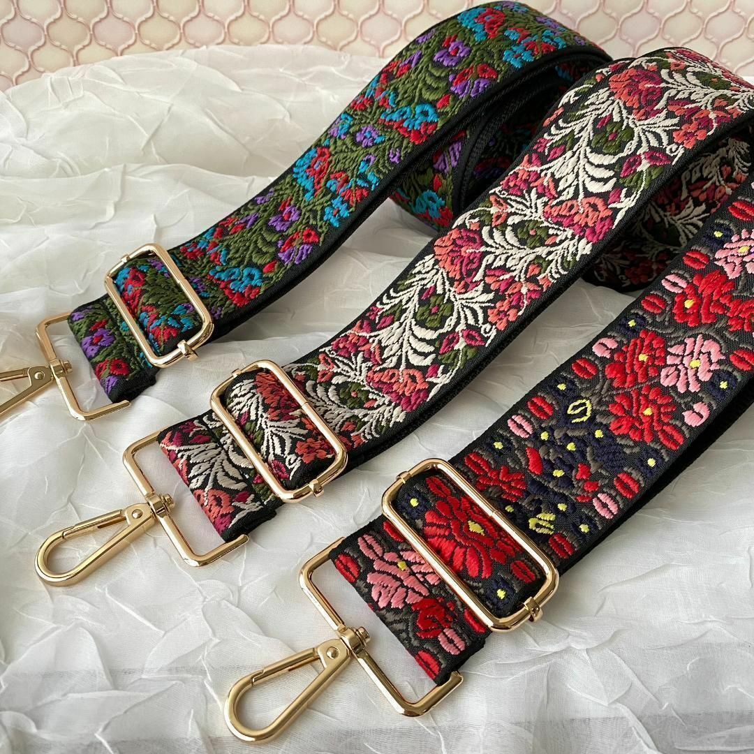 ショルダーストラップ 単品 刺繍ステッチ(赤×桃/黒地)花柄 ショルダーストラップ 単品 刺繍ステッチ(赤×桃/黒地)花柄