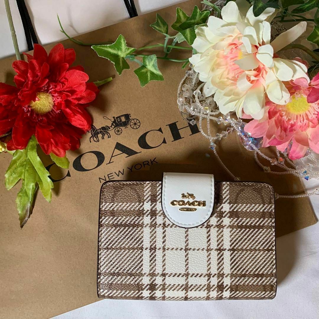 COACH コーチ 二つ折り財布 チェック ブラウン ホワイト - 財布