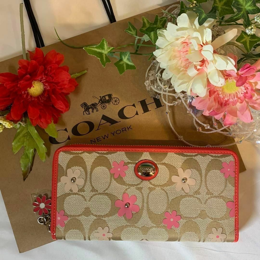 COACH コーチ ︎✿フラワー 花束 ブラウン シグネチャー - 長財布