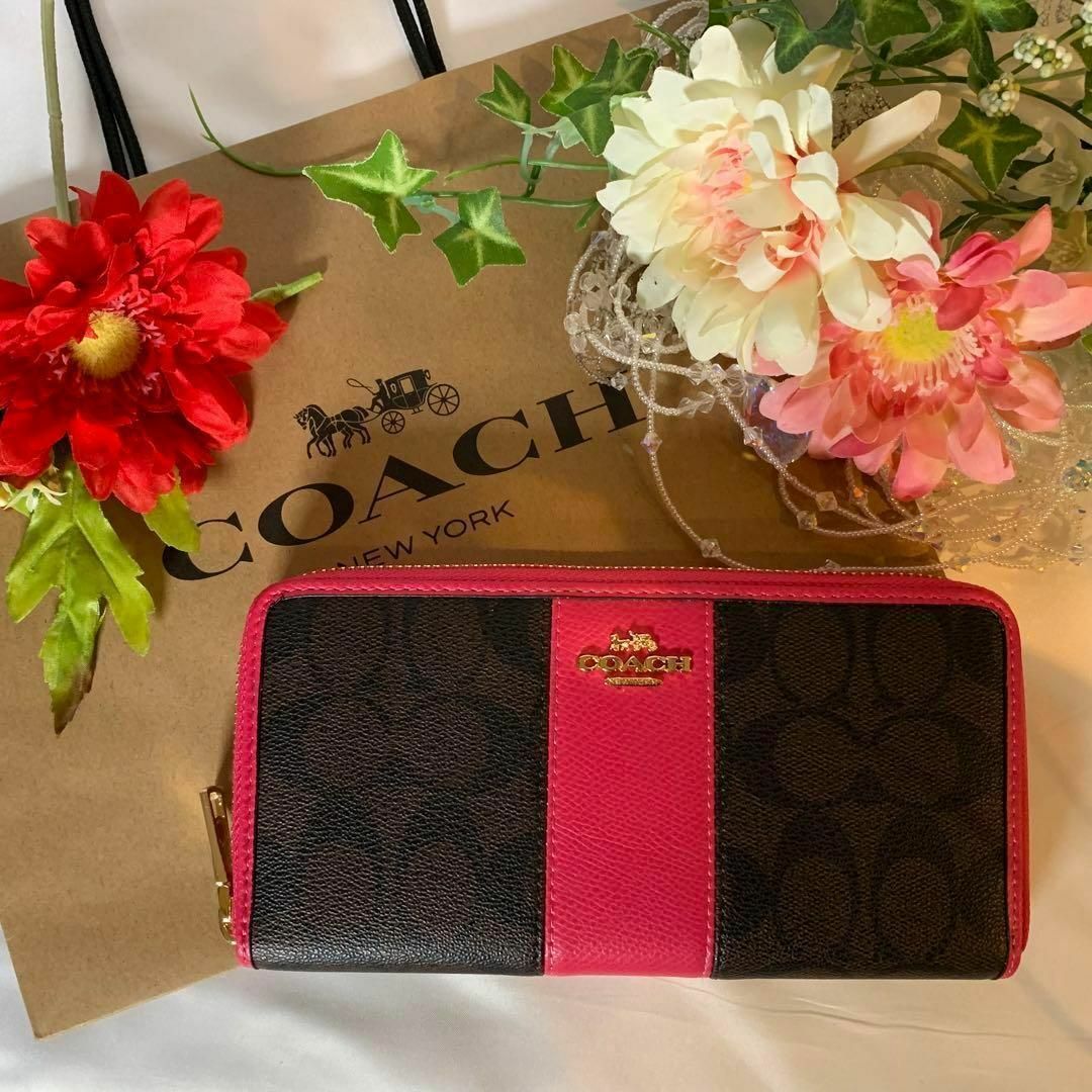 COACH コーチ 長財布 ダークブラウン シグネチャー 赤 バラ - 長財布