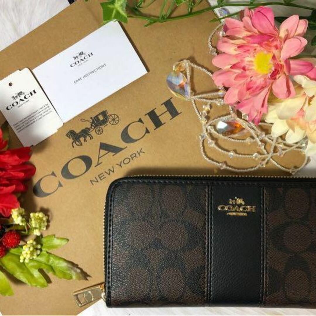 COACH コーチ ダークブラウン シグネチャー ブラック ストライプ - 財布