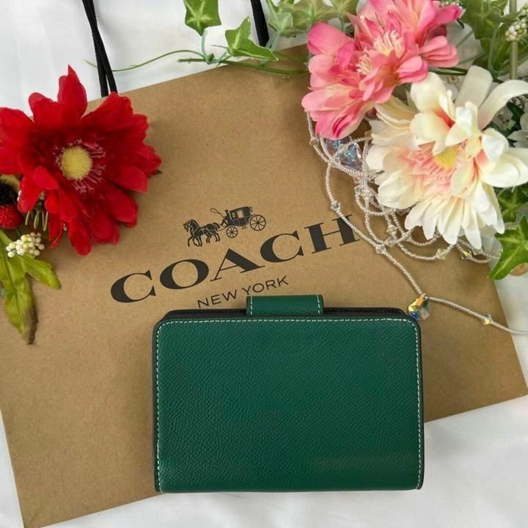 COACH - COACH コーチ 二つ折り財布 シンプル グリーン ボタンロゴの