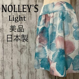 ノーリーズ(NOLLEY'S)の美品【ノーリーズ】薄手ギャザーフレアースカートボタニカルフラワーデザインシルク風(ひざ丈スカート)