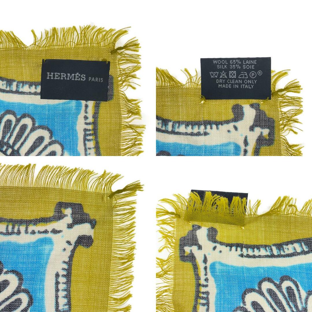 Hermes(エルメス)のHERMES エルメス カレ90 ムンバイ フリンジ ブルー 青 イエロー 黄 シルク /ウール スカーフ ストール レディース 402740 【中古】 レディースのファッション小物(バンダナ/スカーフ)の商品写真
