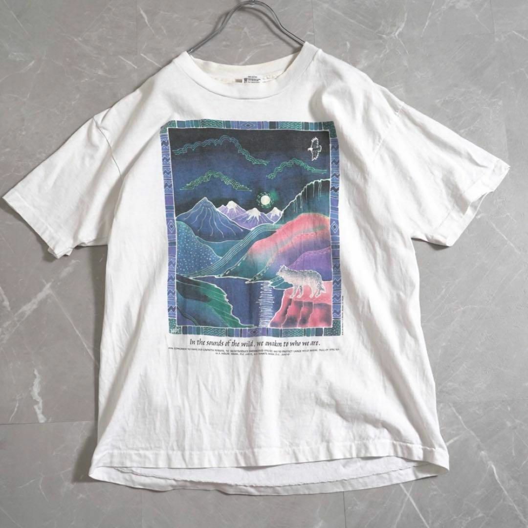 90s プリントTシャツ　USA製　白　XLサイズ　シングルステッチ約52cm身幅