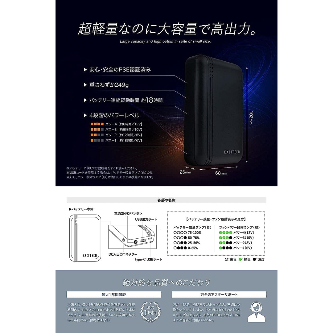 [Ｅｘｃｉｔｅｃｈ]空調作業服 ファンバッテリー フルセット(グレー、ネイビー) スマホ/家電/カメラの冷暖房/空調(扇風機)の商品写真