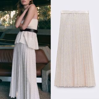 ザラ(ZARA)の新品 ZARA エンブロイダリー プリーツスカート XSサイズ(ロングスカート)