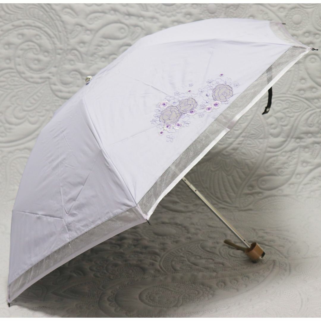 新品【Fioretta 】晴雨兼用折り傘 透け感 レース刺繍 雨傘日傘ラベンダーレディース