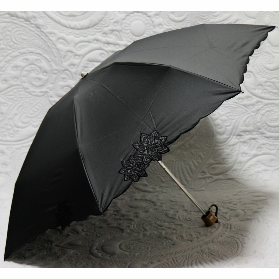 レディース新品【SOLFEGE MODE】晴雨兼用折り傘 ポイント刺繍 大寸サイズ 黒
