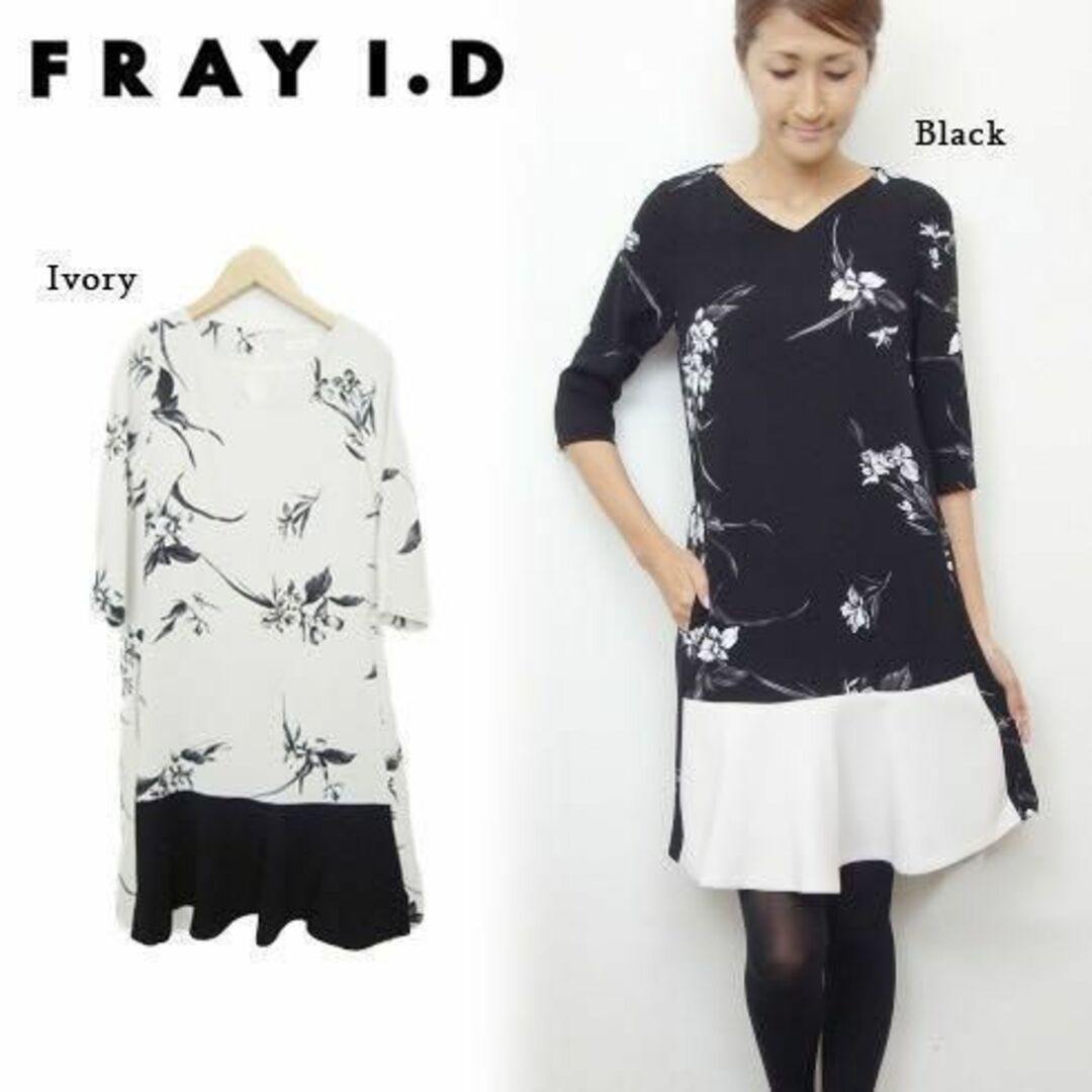 FRAY I.D(フレイアイディー)のFRAY I.D 花柄 ワンピース ブラック 切り替え フリル フラワー レディースのワンピース(ミニワンピース)の商品写真