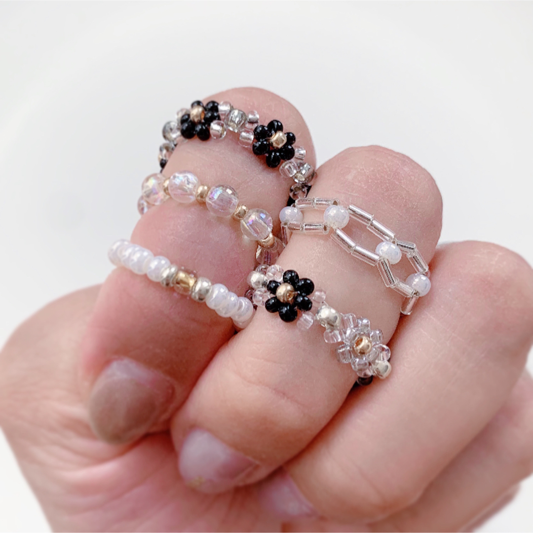 韓国ビーズ♡リング5点set ＼Black Diamond／ ハンドメイドのアクセサリー(リング)の商品写真