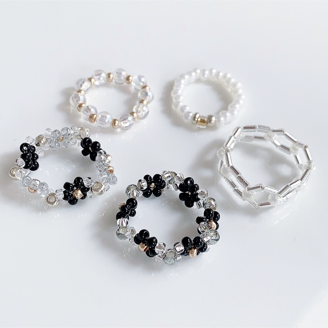 韓国ビーズ♡リング5点set ＼Black Diamond／ ハンドメイドのアクセサリー(リング)の商品写真