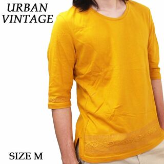 新品 URBAN VINTAGE 刺繍 7分袖 UネックTシャツ イエロー M(Tシャツ/カットソー(七分/長袖))