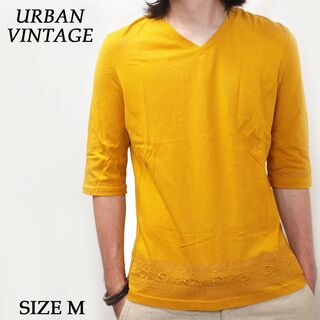 新品 URBAN VINTAGE 刺繍 7分袖 VネックTシャツ イエロー M(Tシャツ/カットソー(七分/長袖))