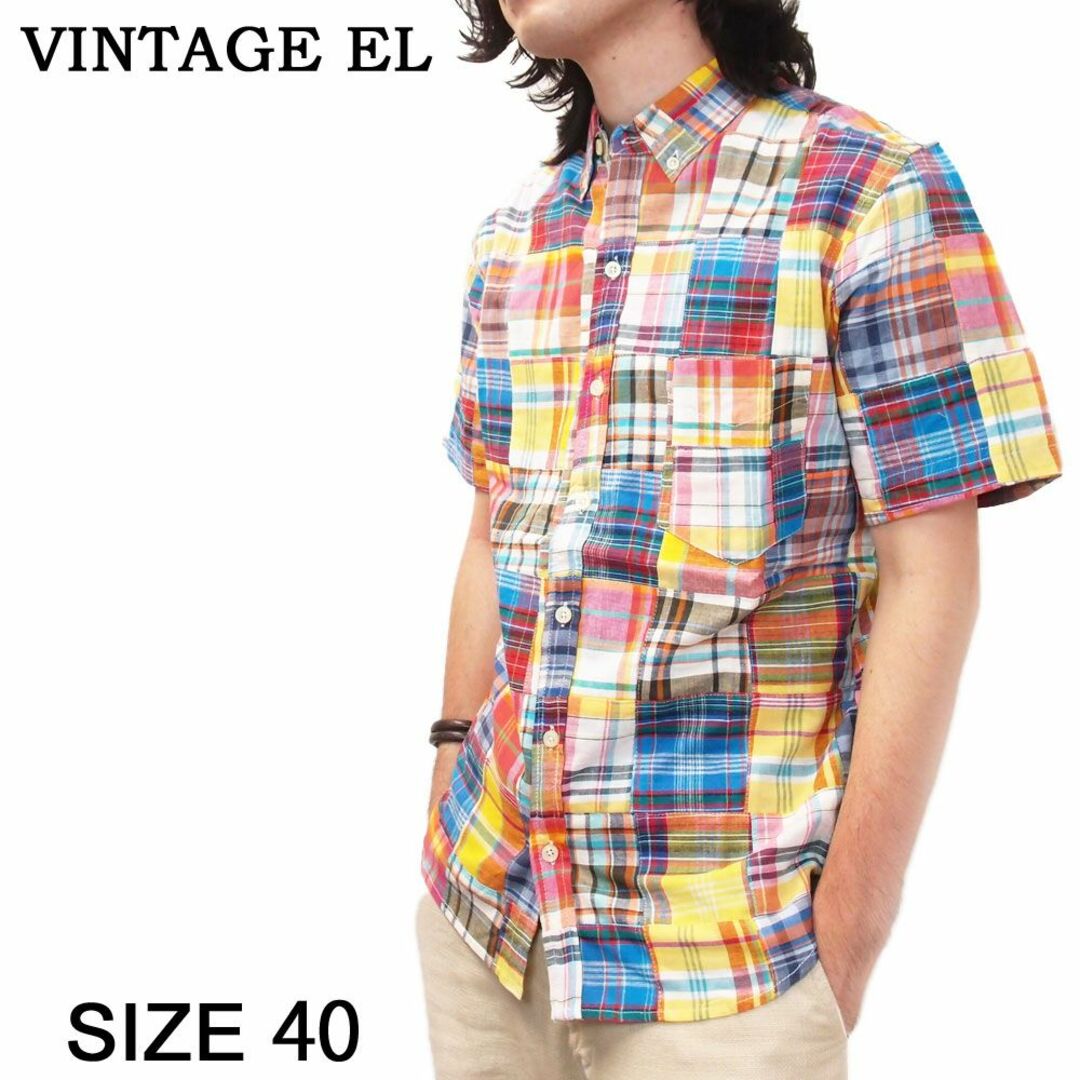 VINTAGE EL(ヴィンテージイーエル)の新品 VINTAGE EL コットン パッチワーク チェック柄半袖シャツ 40 メンズのトップス(シャツ)の商品写真