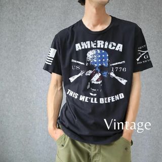 アートヴィンテージ(ART VINTAGE)の【vintage】髑髏 スカル 星条旗 BIGプリント ルーズ 黒 Tシャツ L(Tシャツ/カットソー(半袖/袖なし))