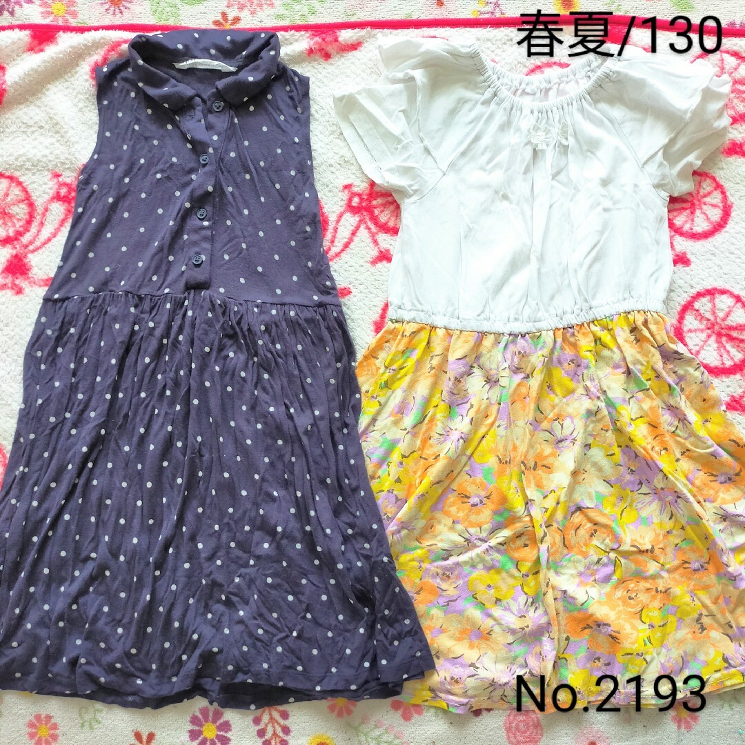 No.2193★130サイズ/ネイビー水玉&花柄ワンピース2点セット キッズ/ベビー/マタニティのキッズ服女の子用(90cm~)(ワンピース)の商品写真